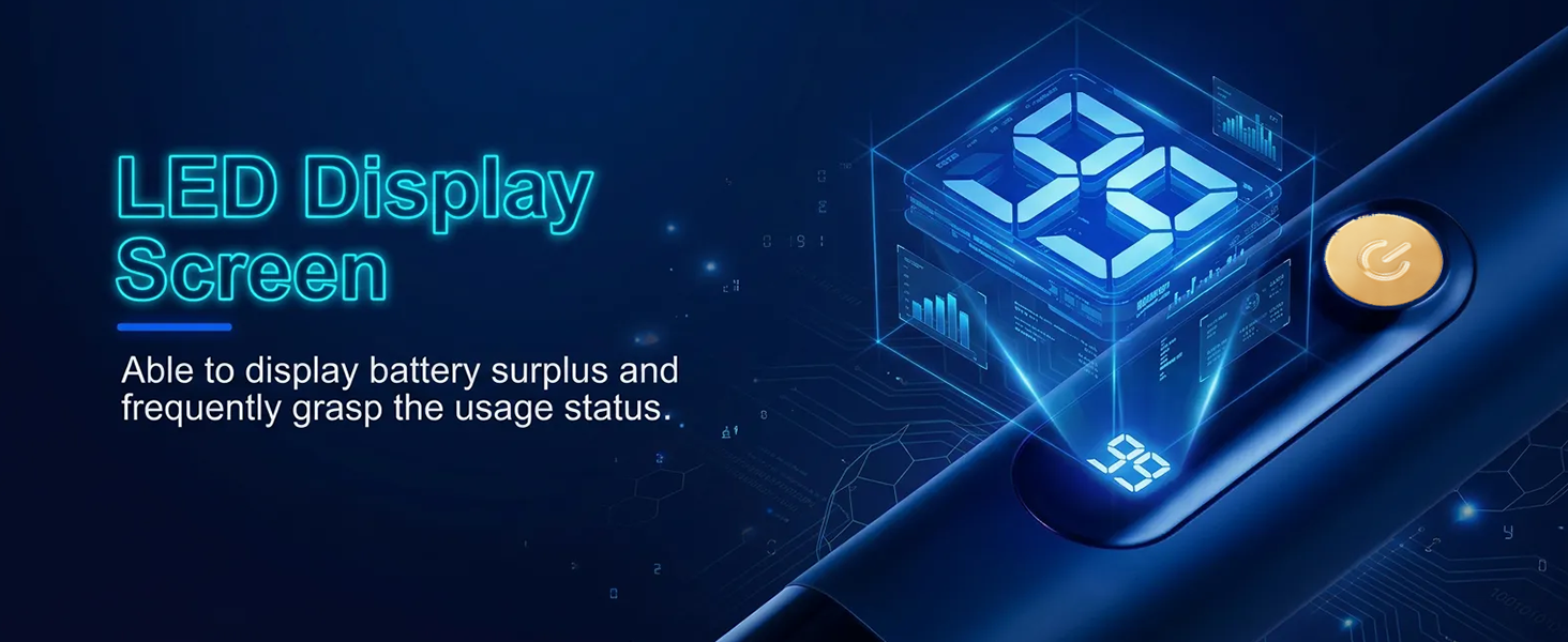 Text reads 'LED Display Screen', 'Able to display battery surplus and frequently grasp the usage status...'. Digital interface visualization with blue holographic cube design on dark background showing battery and usage information display.