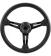 Qiilu Racing Steering Wheel, 350mm/14in Aluminum Frame Black Perforated Leather Car Steering Whee...