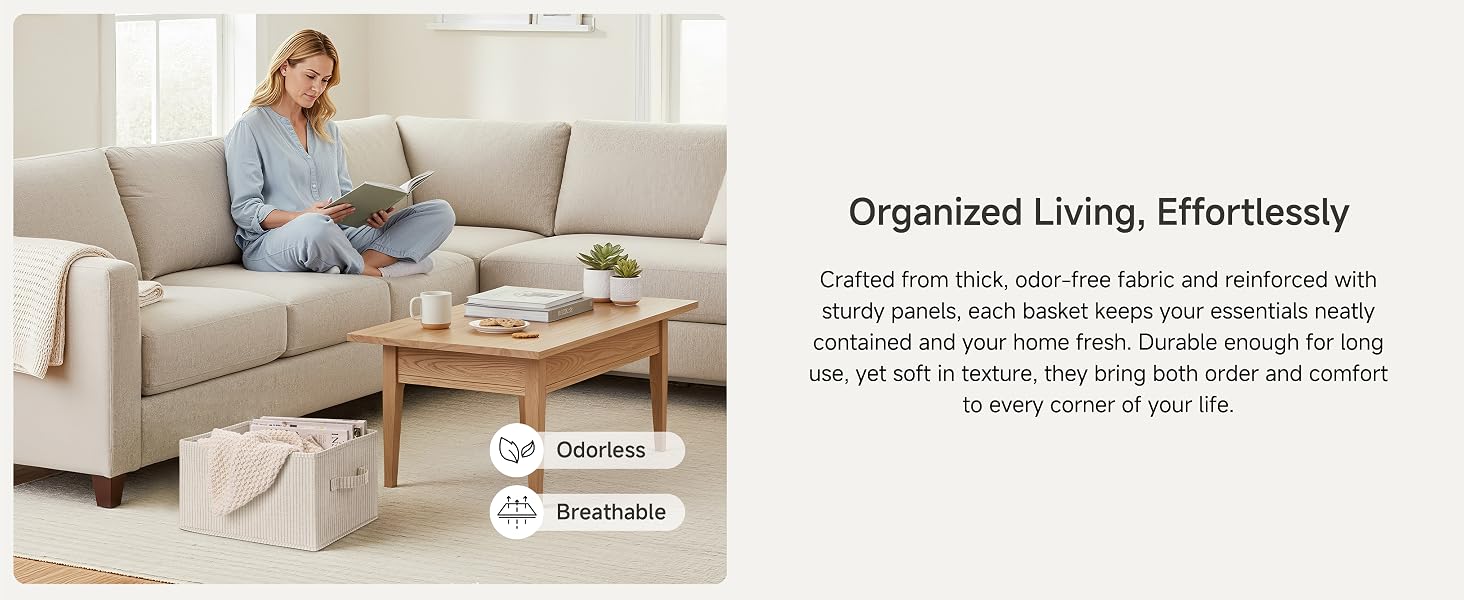 Storage baskets arranged in a living room for shelf and home organization.