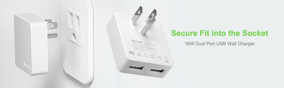 Nekmit Dual Port Ultra Thin Flat USB Wall Charger with Smart IC (White)