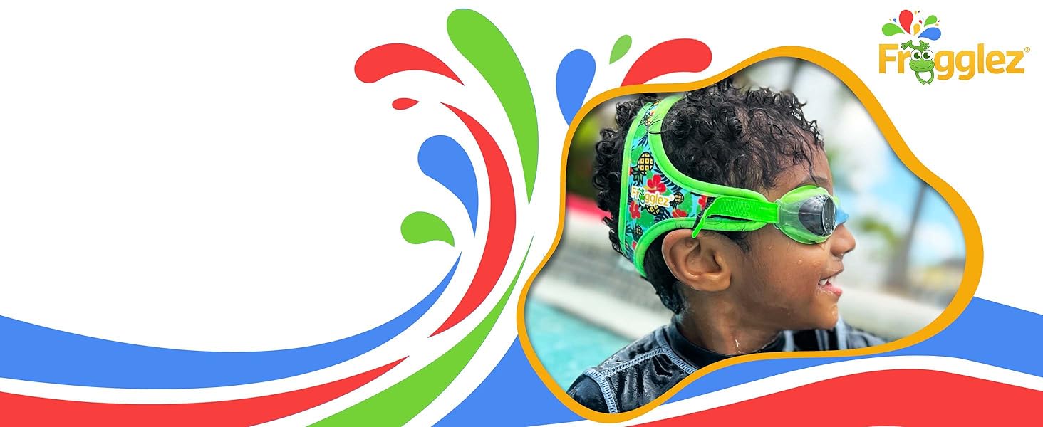 Green patterned kids goggles for curly hair; sensory-friendly comfort with no-pull fabric strap.