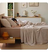 Bedsure 100% Washed Cotton Sheets - Linen Like Textured Gingham Percale Sheets Queen Size, 6-Piec...