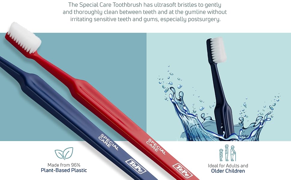 Three Special Care extra-soft toothbrushes for adults and kids. Text reads: Less irritation.