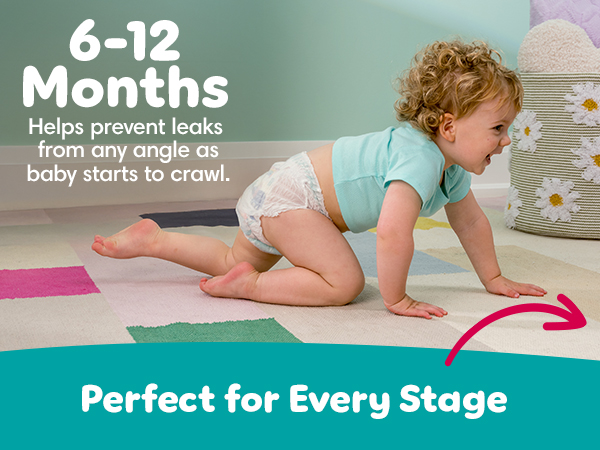 Perfect for every stage. 6-12 months, helps prevent leaks from any angle as baby starts to crawl.