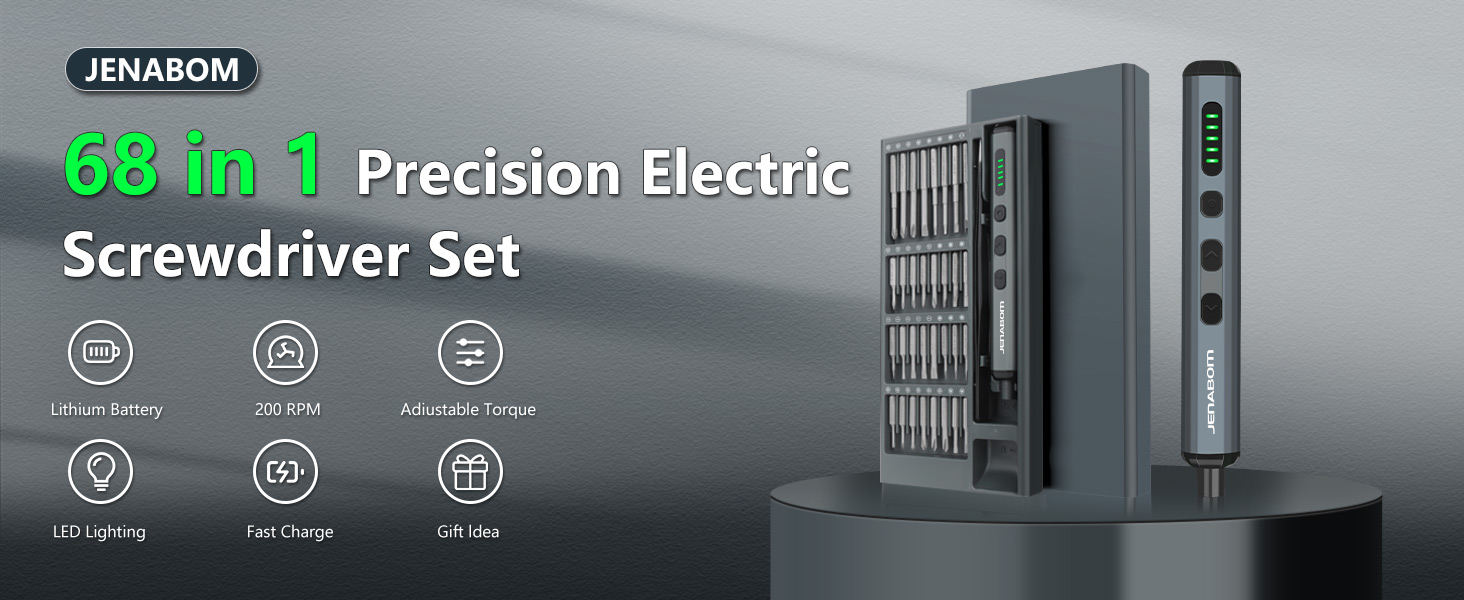 68-in-1 precision electric screwdriver set with storage case. Features magnetic bits, LED lighting, and USB-C charging. Set includes various screwdriver sizes for versatile use.