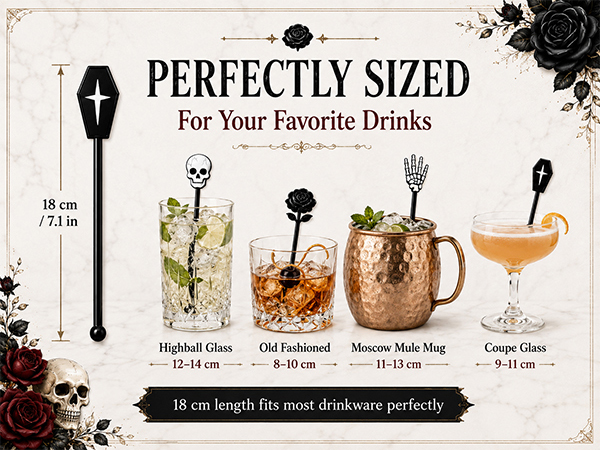 36-Piece Halloween Cocktail Stirrers, 7.1 in, 4 Gothic Designs for cocktails,punch and party bars