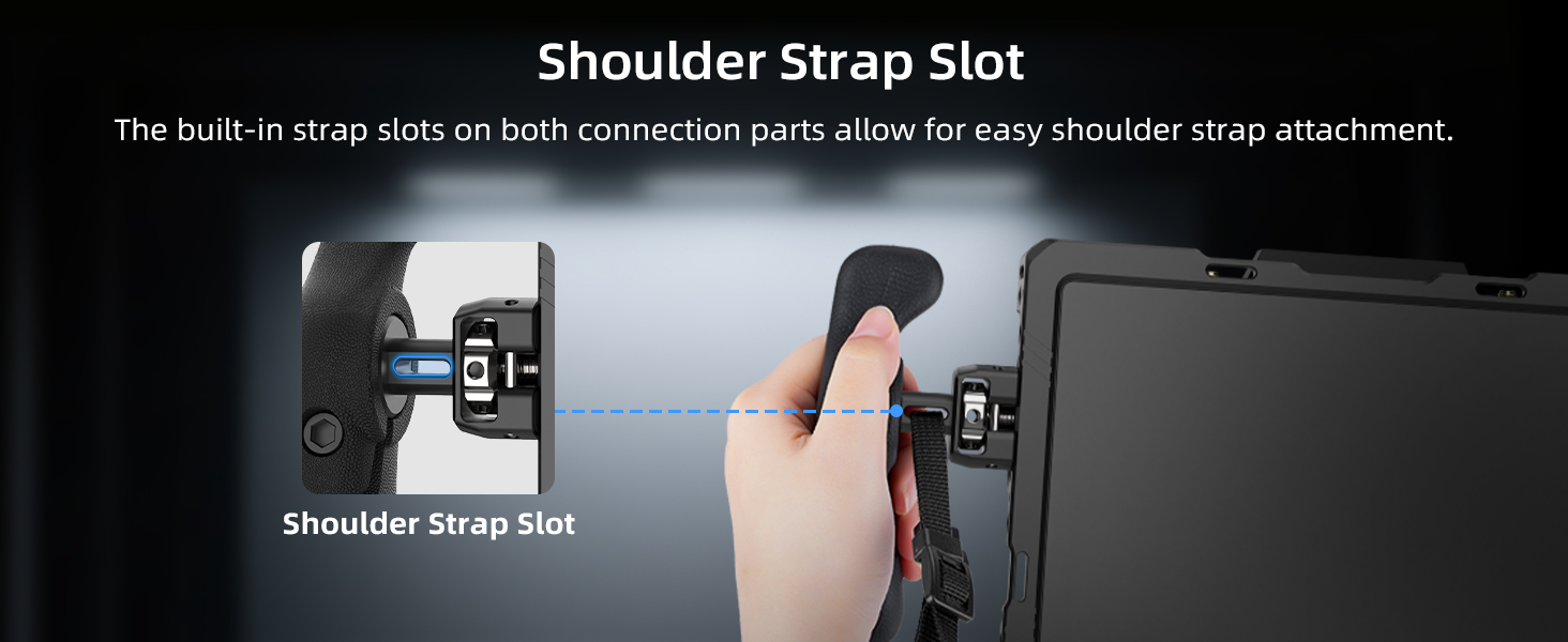 Text reads 'Shoulder Strap Slot' and 'The built-in strap slots on both corners let ports stay clear for ease shoulder strap attachment.' Close-up of black device showing strap slot feature.
