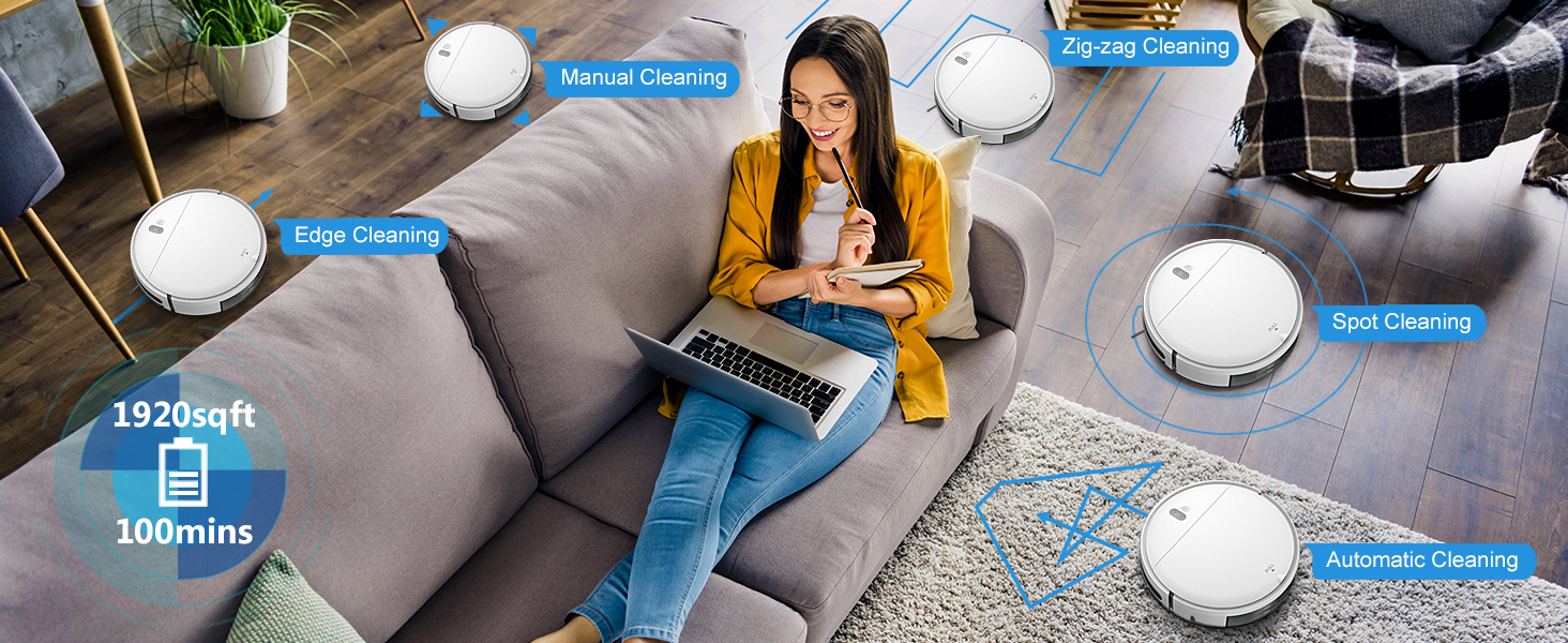 4 High-Efficiency Cleaning Modes,Auto/Spot /Edge/Zig-zag cleaning