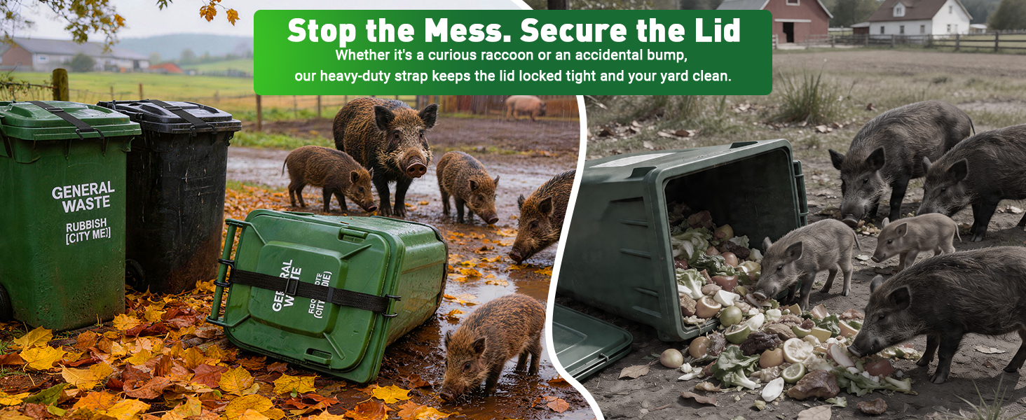 Wild boar knocks over trash can, garbage scatters on lawn animal rummages through waste. Heavy-duty