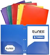 SUNEE 3 Hole Pocket Folders (6 Pack, Assorted Color) Plastic Pocket Folders for 3 Ring Binder, 3-...