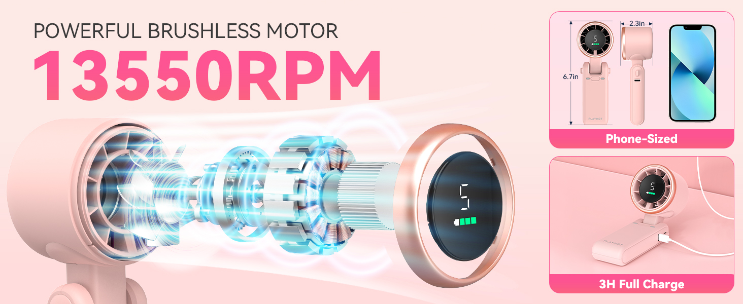 Powerful small fan brushless motor phone sized portable fan for travel compact pink travel fans
