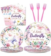 96Pcs Butterfly Baby Shower Party Supplies A Little Butterfly is On The Way Paper Plates Napkins ...