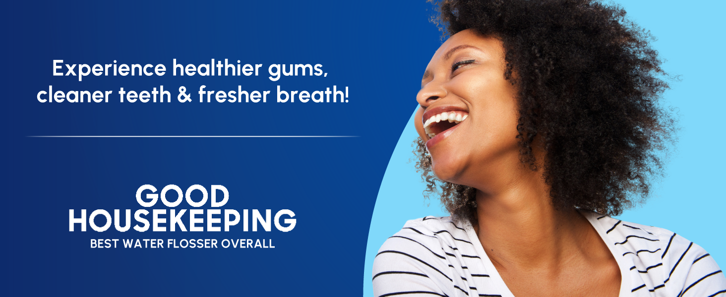 Woman smiling with text reading experience healthier gums, cleaner teeth, and fresher breath