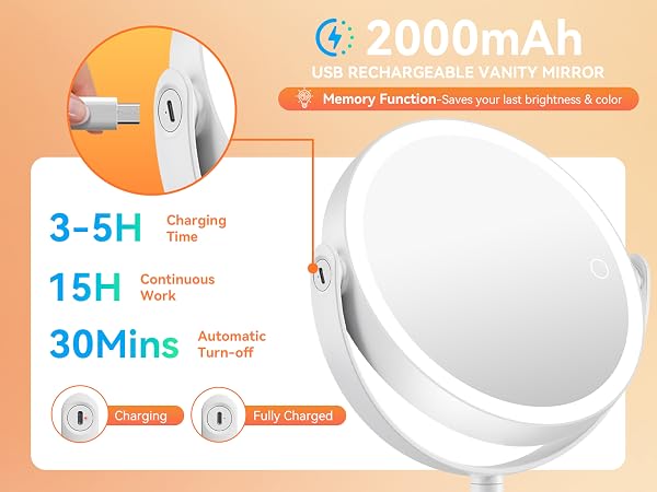 2000mAh rechargeable vanity mirror, USB powered, memory function, 15h working time, auto shut-off