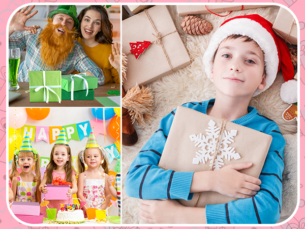 Holiday-themed photo collage featuring wrapped gifts with snowflake decorations and celebration scenes with colorful party decorations.