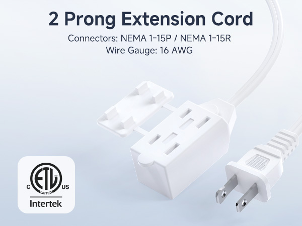 2-Pack 16 AWG 2 Prong Extension Cord 6 ft, 13A 3-Outlet Extension Cords with Tamper Guard, 13 Amp