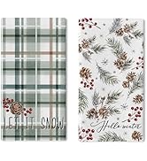 Croar Hello Winter Green Kitchen Dish Towels Set of 2, Let It Snow Pine Cone Pine Needle Red Berr...