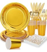 Gudvilla Gold Plates Disposable Dinnerware Set,168pcs Gold Paper Plates Party Plates and Cups and...