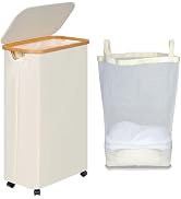 efluky Slim Laundry Basket with Wheels, Narrow Rolling Laundry Hamper with Lid and Removable Bag,...