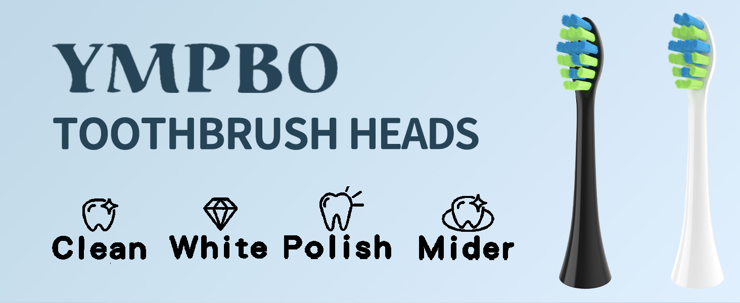 YMPBO Toothbrush Replacement Heads feature Clean, White, Milder, and Polish functions.