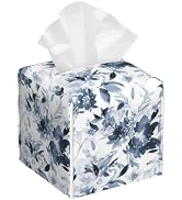 Watercolor Blue Flowers Tissue Box Cover Square,Leather Tissue Holder with Bottom Belt,Waterproof...