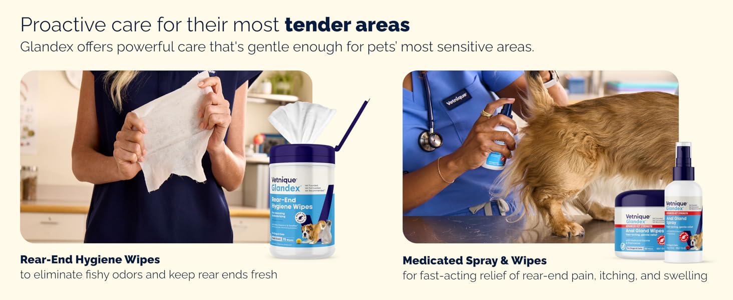 Glandex hygiene wipes and medicated spray for pet fishy odors, itching, and rear-end irritation