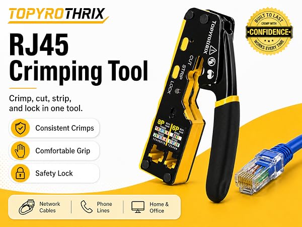TOPYROTHRIX RJ45 crimping tool for Ethernet cables, phone lines, home office and security use