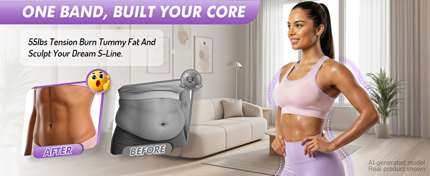 Women show toned waistlines in a home, with workouts and resistance bands.