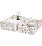 VinneGenzz Macrame Storage Baskets Handmade Boho Decor Box Natural Cotton Rope Woven Bins with Wo...