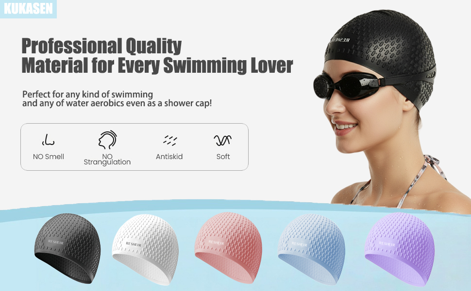 KUKASEN silicone swim cap for women with long hair, non-slip design, comfortable fit