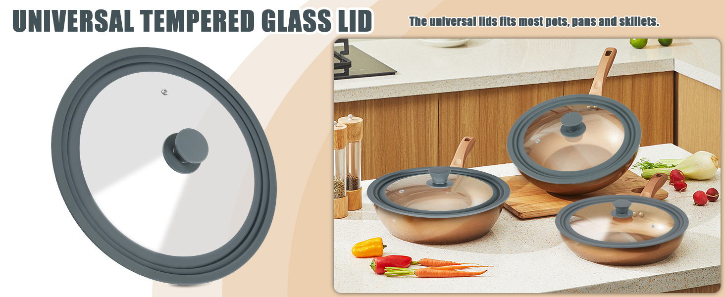 Universal Lid for Pots and Pans Tempered Glass Replacement Lid with Heat Resistant Silicone Edge