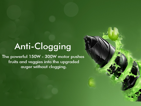 Masticating juicer auger extracting celery juice with double injection iron core motor.