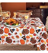 LUSHVIDA Rectangle Fall Tablecloth 60x84 inch Pumpkins & Turkeys- Washable Wrinkle Resistant Than...