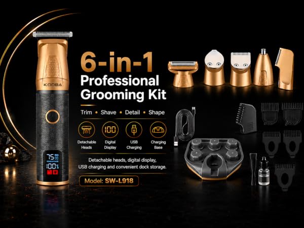 KOOBA 6-in-1 men's grooming kit with magnetic beard trimmer and charging base