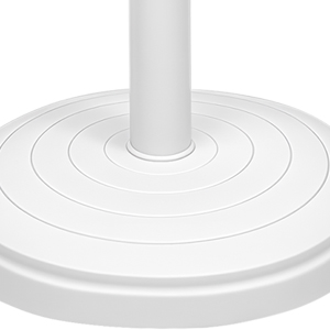 White circular umbrella base or stand shown from multiple angles, featuring a central pole mount and wide stable base design.