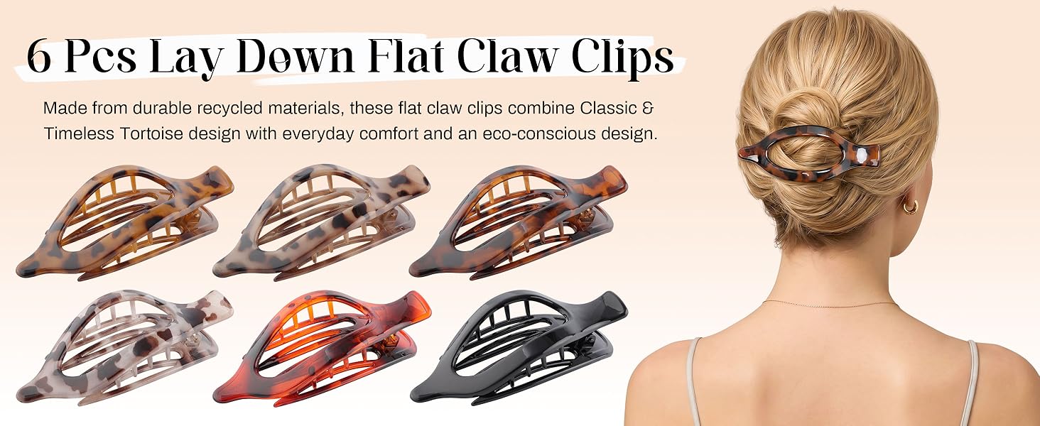 6 beautiful colors, endless styles. Secure your hair comfortably with our flat claw clips!