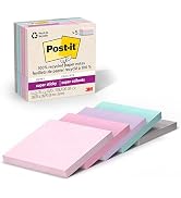 Post-it 100% Recycled Paper Super Sticky Notes, 3 in. x 3 in., 5 Pads, 70 Sheets per Pad, Wanderl...