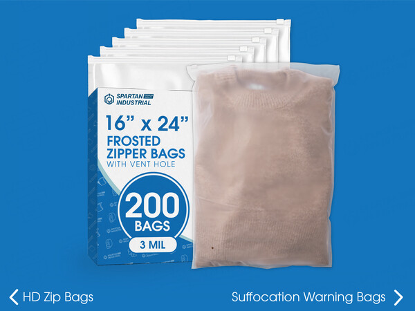 A frosted slider bag packed with a sweater in front of its packaging on a blue background