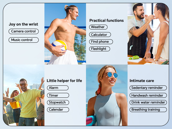 Text reads 'Joy on the World', 'Practical Functions', 'Make control', 'Time', 'First phone'. Series of lifestyle images with text overlay showing product features and functions.