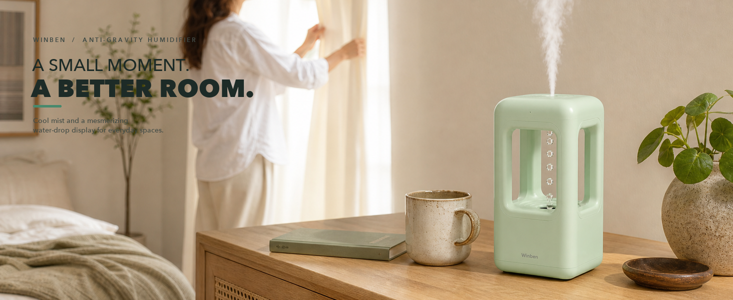 WINBEN 600mL plug-in cool mist humidifier with anti-gravity water-drop display