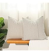 Hckot Grey and Beige Patchwork Farmhouse Throw Pillow Covers 18 x 18 Inch, Pack of 2 Striped Line...