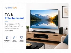 PrimeCrafts AC power cable powering TV, soundbar, streaming devices, and home entertainment setup