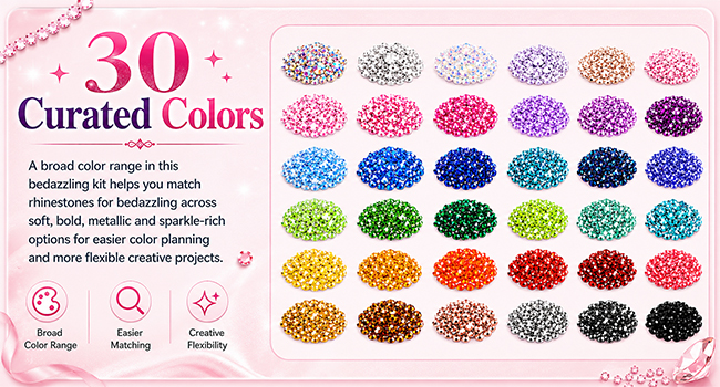 Bedazzling kit showing 30 curated colors of rhinestones for bedazzling and creative projects