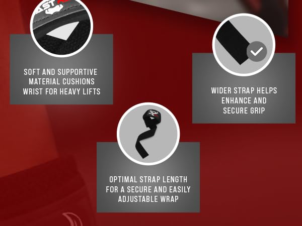 Text reads 'SOFT AND SUPPORTIVE MATERIAL PROMISES', 'OPTIMAL STRAP LENGTH FOR A SECURE AND SNUG', 'WIDE STRAP HELPS DISTRIBUTE WEIGHT EVENLY', 'ADJUSTABLE WRAP'. Product features diagram on red background.