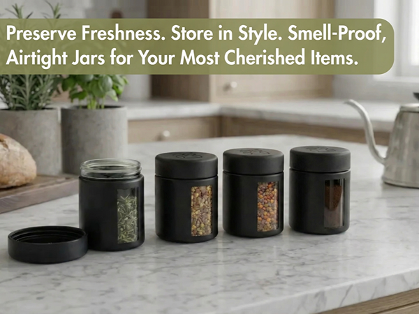 viewing jar, smell proof jar, jar with viewing window, black jar, smell proof container