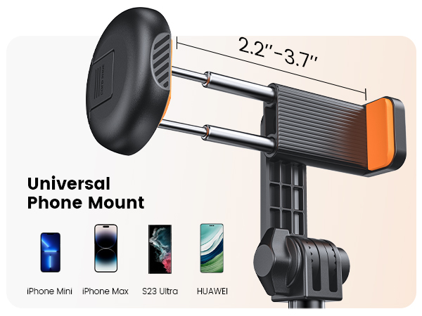 Universal phone mount with expandable grip, adjustable from 2.2 to 3.7 inches. Compatible with various smartphone models shown below.