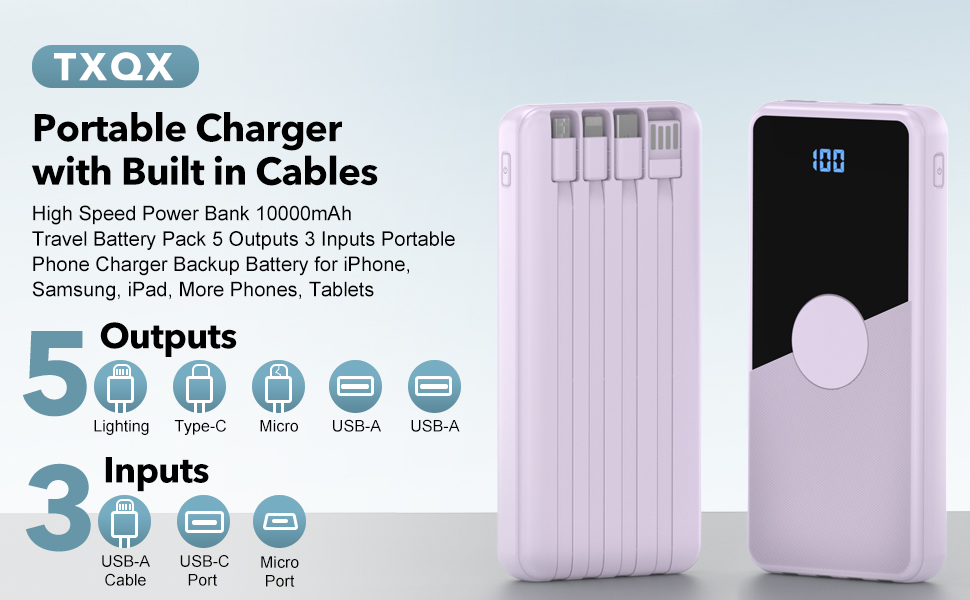 TXQX Portable Charger with built in cables