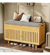 Shoe Storage Bench, Bamboo Entryway Bench with 2 Doors & Padded Seat Cushion, 35.4