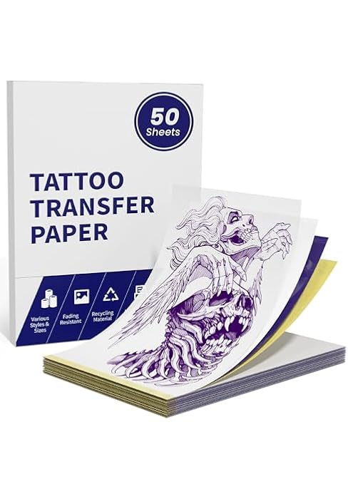 TATTMUSE Tattoo Transfer Paper, 50pcs A4 Size 8.26" x 11.69", Thermal Stencil Paper, 4 Layers Tra...