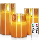 Homemory Amber Glass Flameless Candles, Battery Operated LED Pillar Candles with Remote Control a...